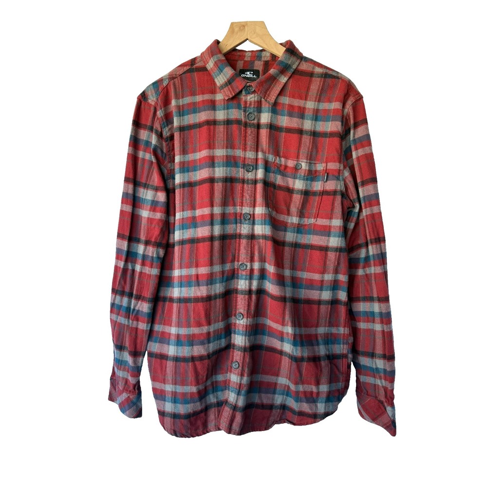 O'Neill Flannel Button Up Shirt Mens L Burgundy Plaid Cotton Grunge Cabincore